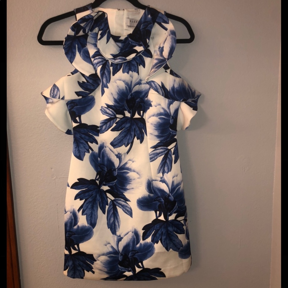 Blue and white fitted cocktail dress